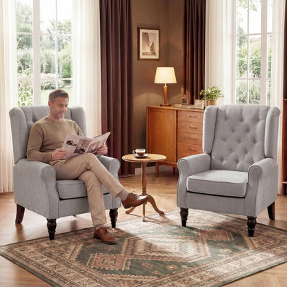 Fabric Accent Chair, Button Tufted Armchair, Modern Living Room, Wood Legs, Grey Accent Chairs at Gallery Canada