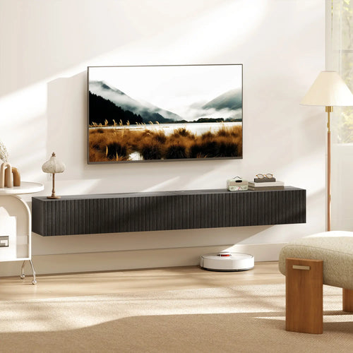 71 Inch Floating TV Stand, Wall Mount Media Console, 2 Fluted Doors, Black