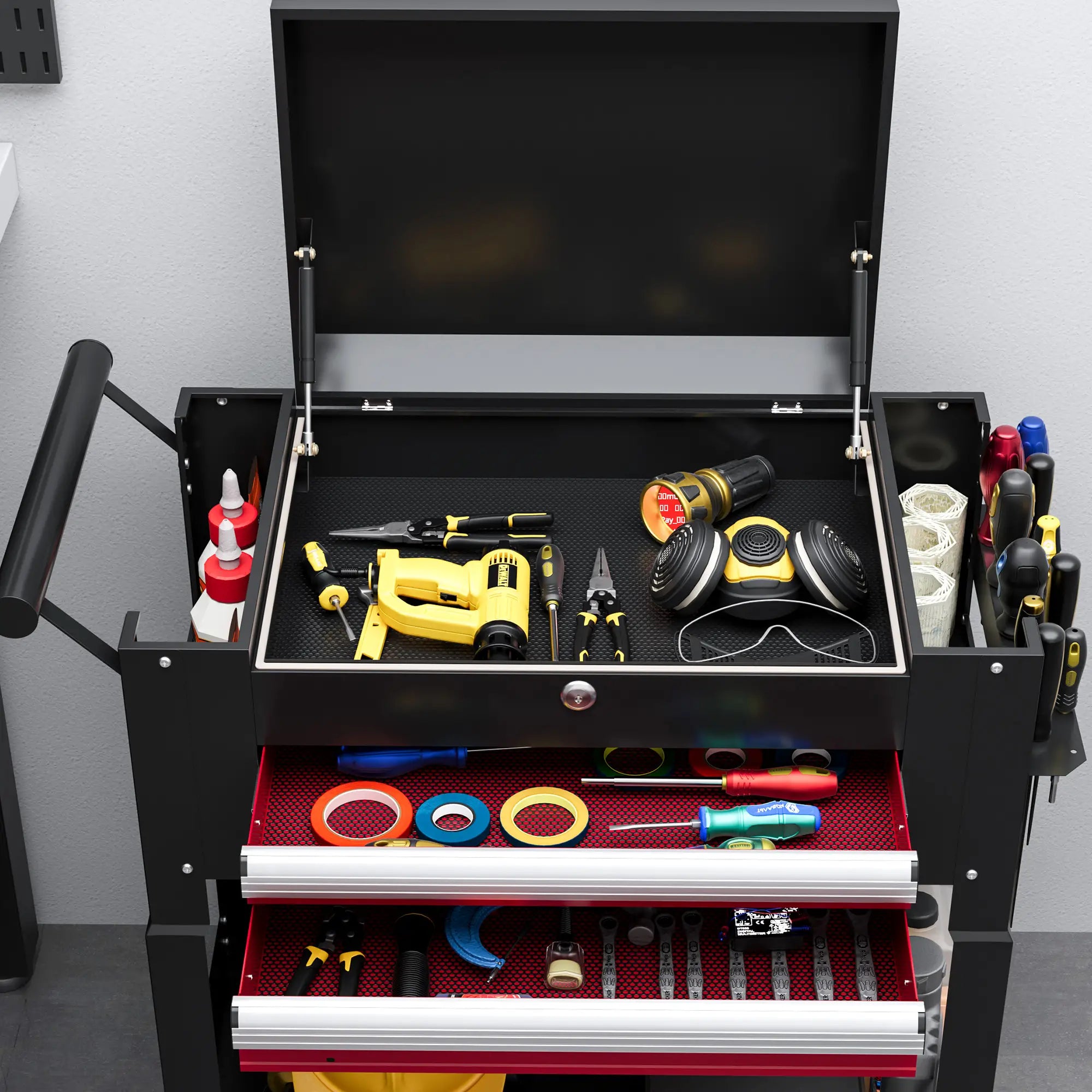 Tool Cart on Wheels, 2 Drawers, Lockable Flip Top, Black Tool Organizers at Gallery Canada