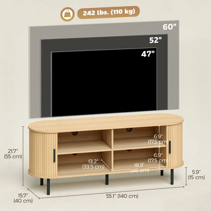TV Stand for TVs up to 60", Modern Entertainment Center with Curved Sliding Doors, Natural Wood TV Stands at Gallery Canada