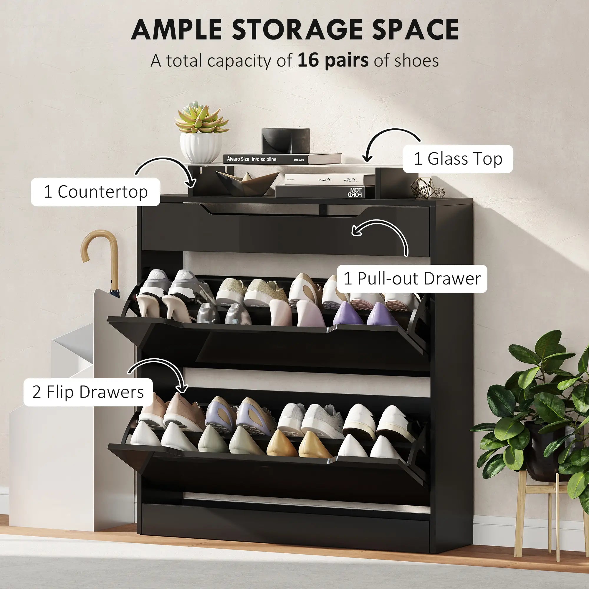 High Gloss Shoe Cabinet, 2 Flip Drawers, Adjustable Shelves, Black, Black Storage Cabinets at Gallery Canada