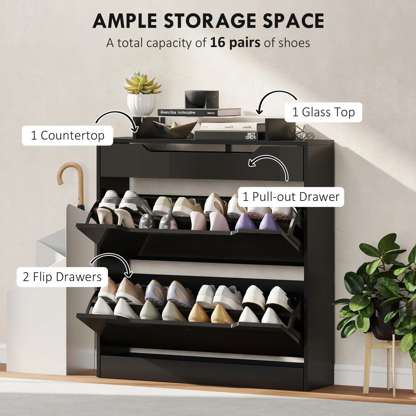 High Gloss Shoe Cabinet, 2 Flip Drawers, Adjustable Shelves, Black, Black Storage Cabinets at Gallery Canada