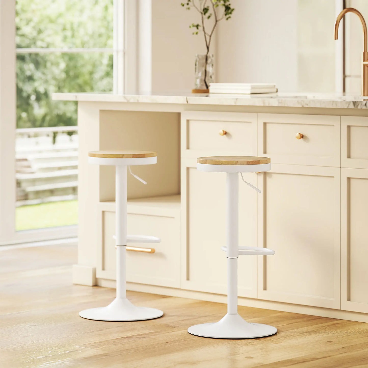 Swivel Bar Stools Set of 2, Adjustable Height, Natural Wood, White Bar Stools at Gallery Canada