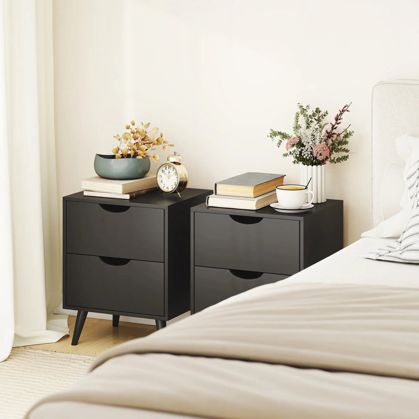 Modern Bedside Table Set Of 2, 2 Drawers, Pine Wood Legs, Black Bedside Tables at Gallery Canada