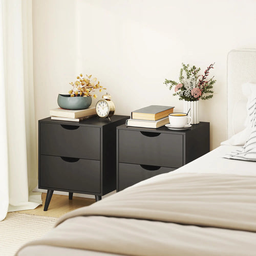 Modern Bedside Table Set Of 2, 2 Drawers, Pine Wood Legs, Black