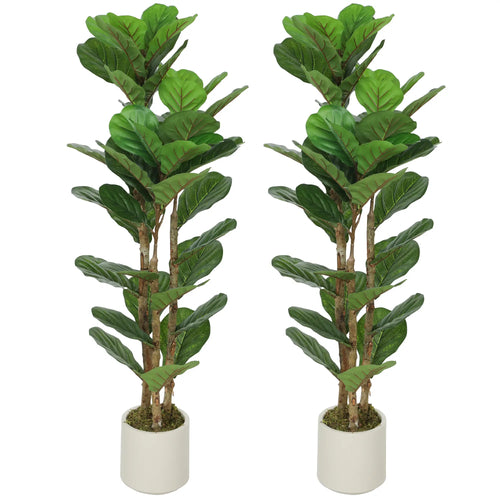 4FT Artificial Fiddle Leaf Fig Tree Set Of 2, Fake Potted Tree With Solid Wood Trunks, Green