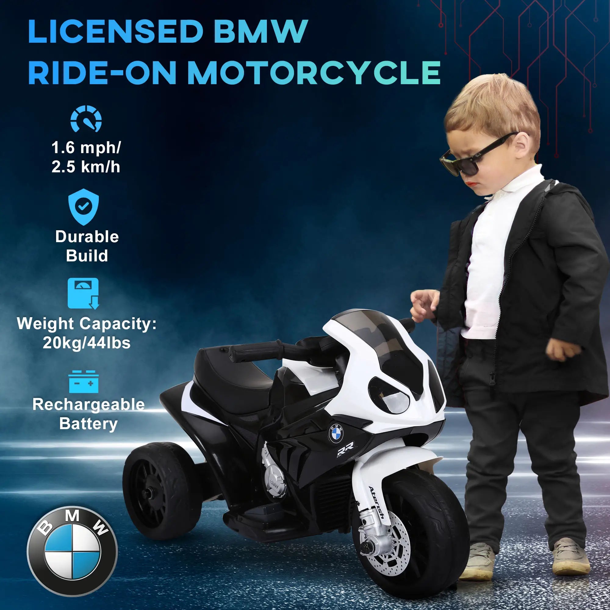 6V Kids Motorcycle, 3 Wheels, Headlight, Music, Black Electric Motorcycles at Gallery Canada