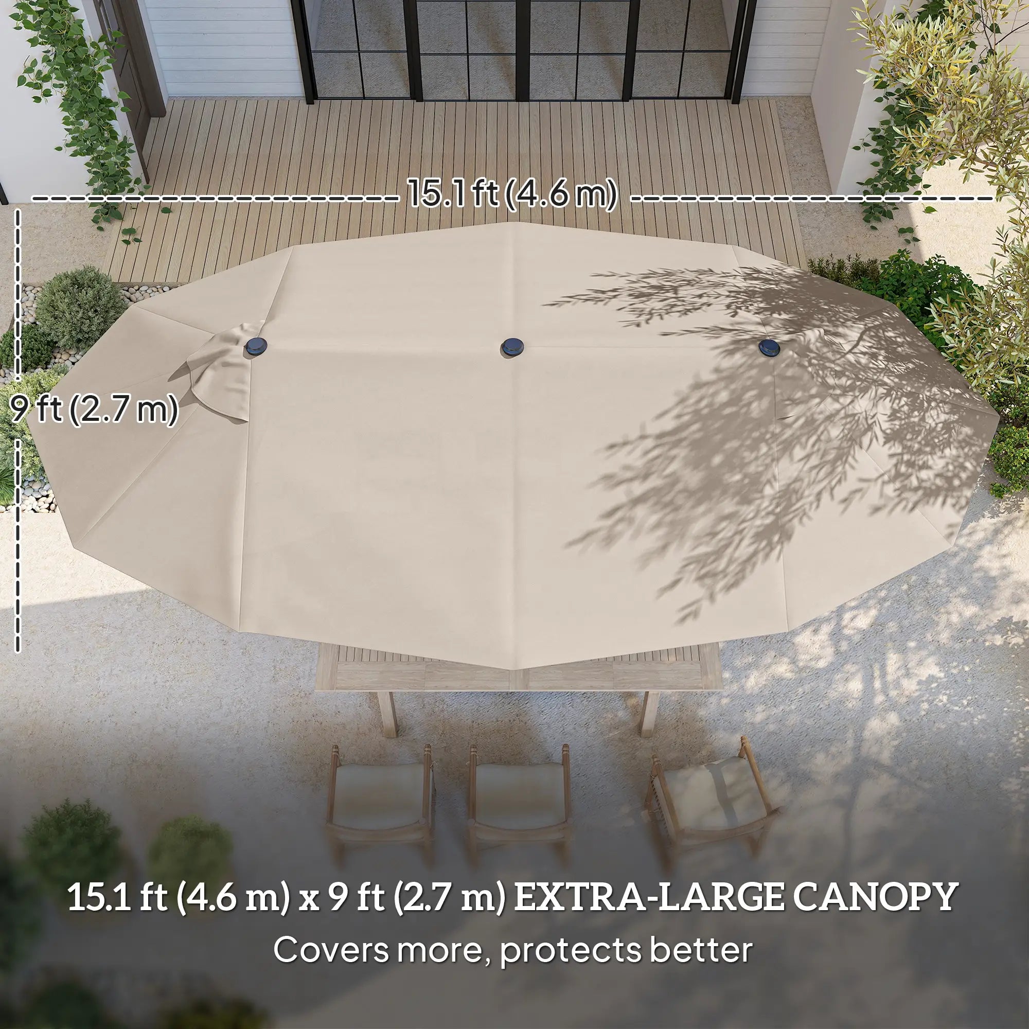 15' Outdoor Patio Umbrella, Twin Canopy Sunshade, Steel, Lift Crank, Khaki Sun Umbrellas at Gallery Canada