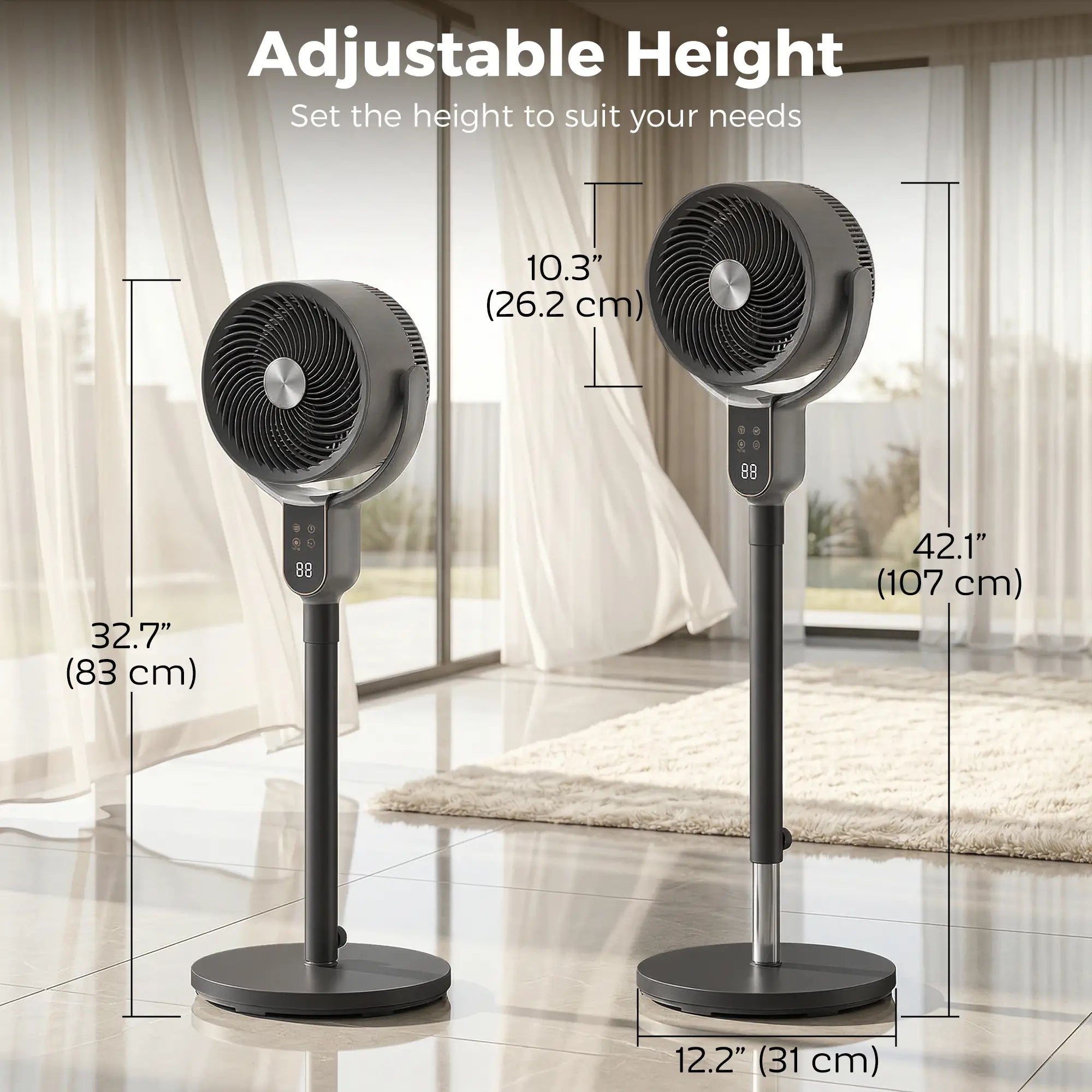 20dB Standing Fan for Bedroom, 70°+90° Auto Oscillating Fan with 8 Speeds, Remote Control, 12H Timer, Adjustable Height Stand Fans at Gallery Canada