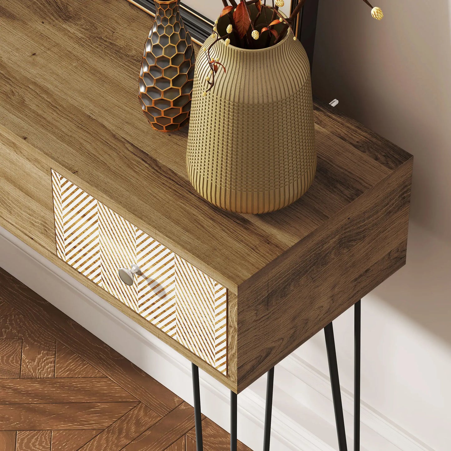 Narrow Console Table with Drawers, 35", Hairpin Legs, Brown Console Tables at Gallery Canada