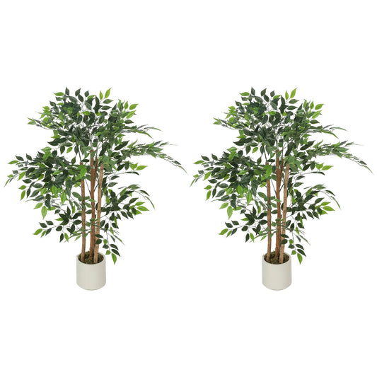 4FT Artificial Banyan Tree Set Of 2, Fake Potted Tree With Wood Trunk