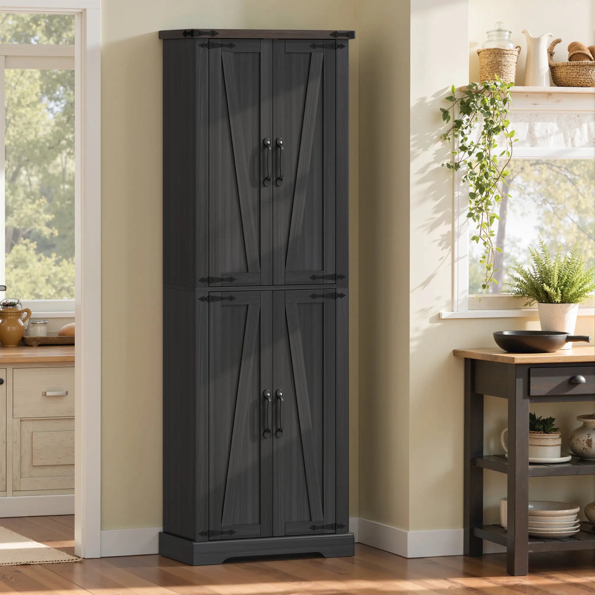 72 Inch Pantry Cabinet, Farmhouse Kitchen Storage with Adjustable Shelves, Black Kitchen Pantry Cabinets at Gallery Canada
