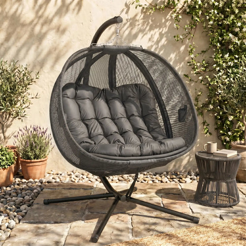 Double Egg Chair with Stand, 2 Person Hanging Swing, Grey