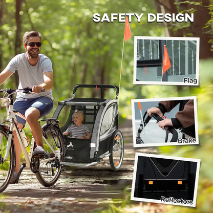 2 Seat Bike Trailer, 2-in-1 Baby Stroller, Handbrake, Rubber Wheels, Grey Kids Bike Trailers at Gallery Canada