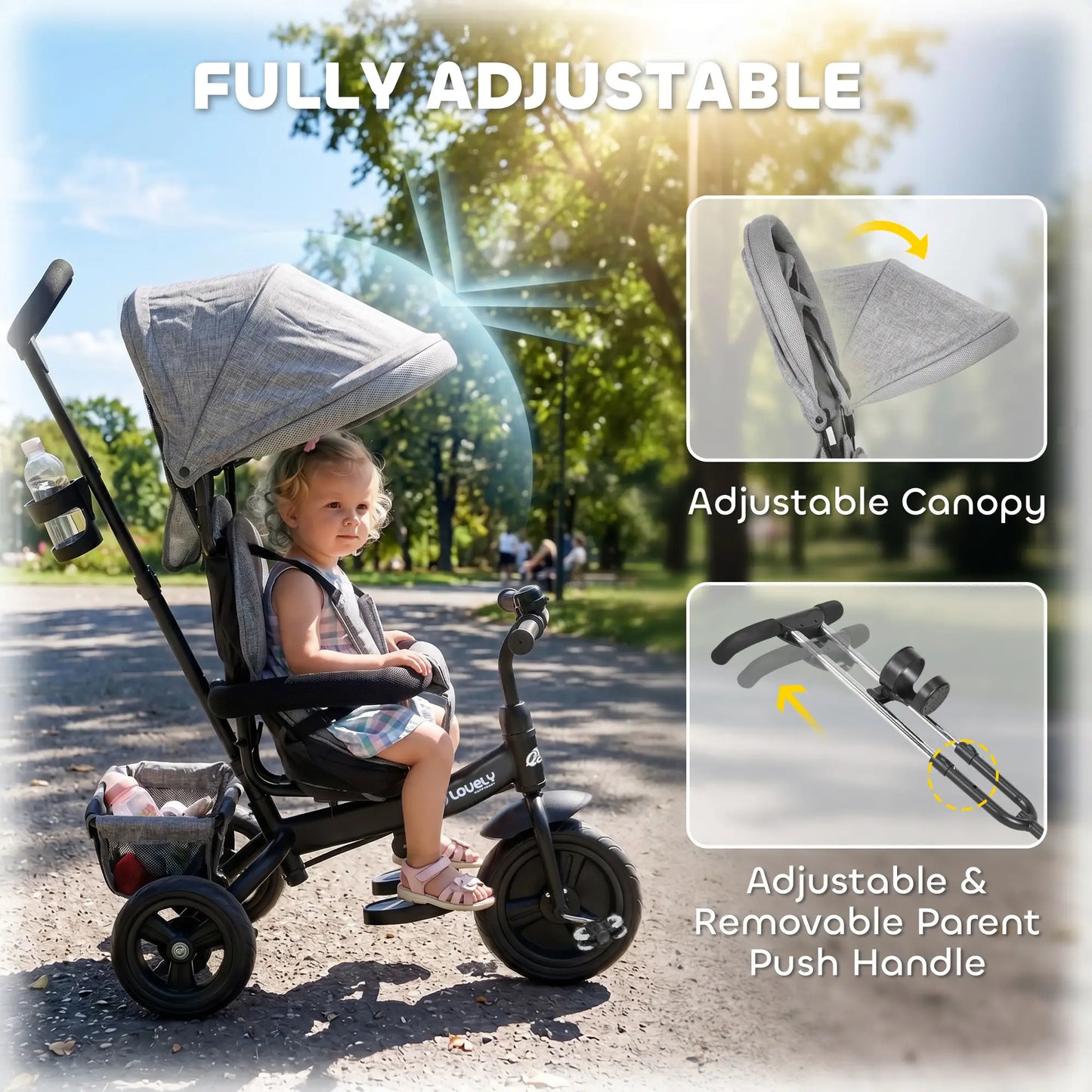 6 in 1 Toddler Tricycle Stroller, Basket, Canopy, 5-Point Harness, 12-60 Months, Grey Tricycles for Kids at Gallery Canada