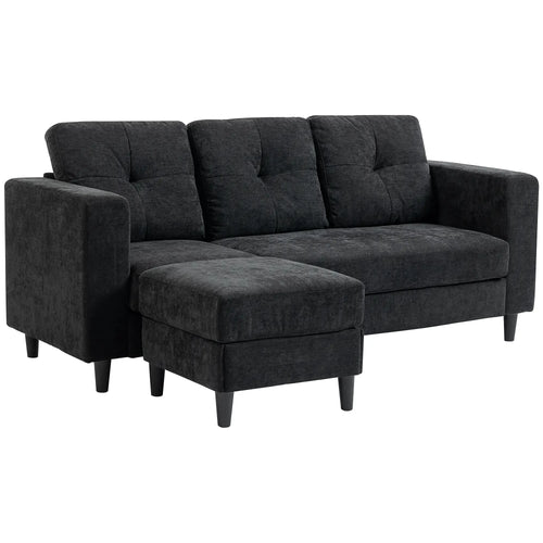 L-Shaped Sectional Sofa, Wooden Legs, Changeable Chaise, Black