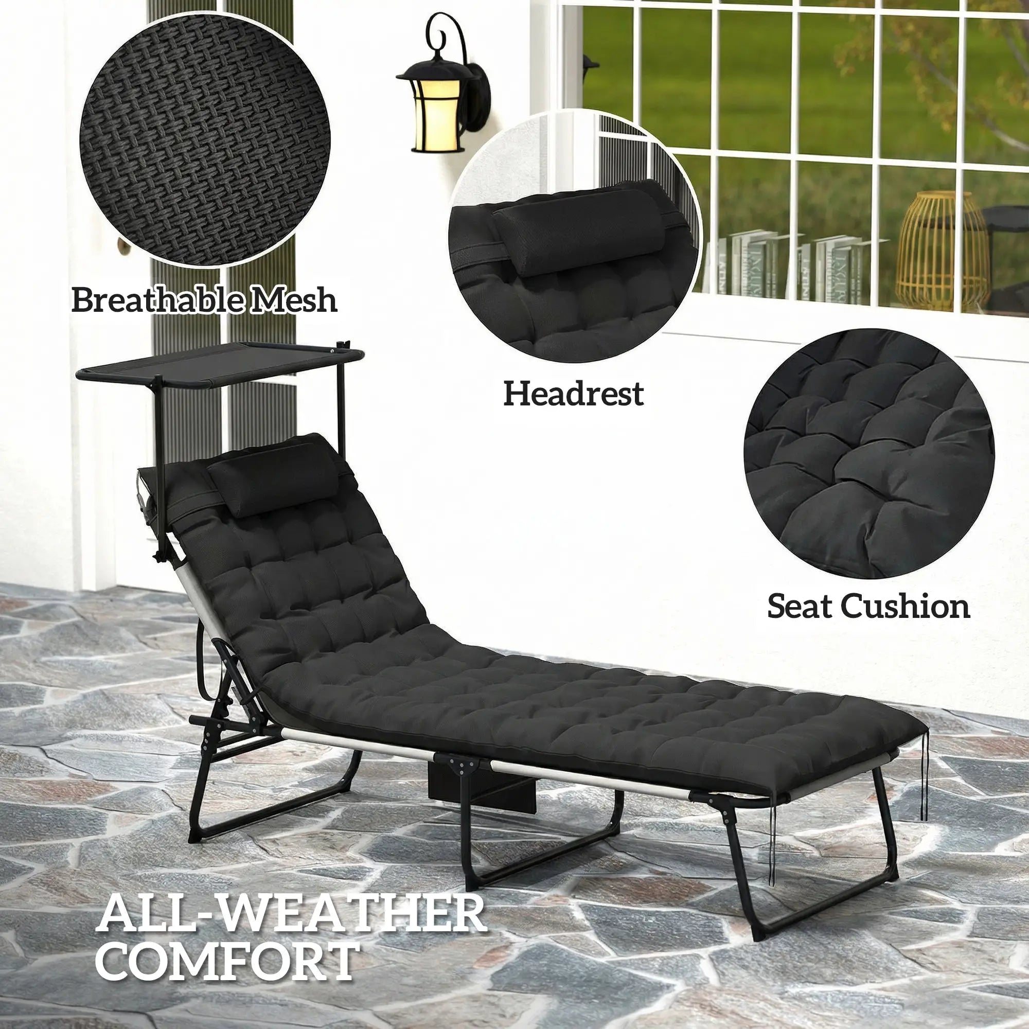 Folding Lounge Chair With Adjustable Canopy, 4-Position Tanning Chair, Black Lounger Chairs at Gallery Canada