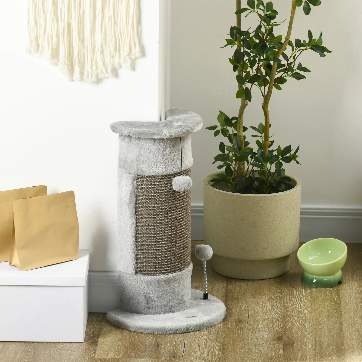 23" Cat Scratching Post, Covered Plush, Play Balls, Indoor Cats, Grey Cat Posts at Gallery Canada