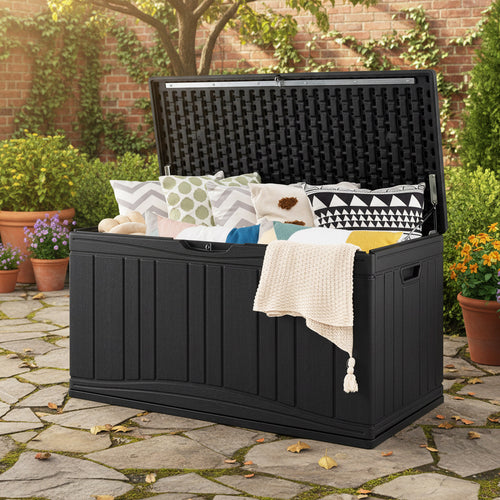 300 L Outdoor Deck Box with Lockable Lid for Garden Tools Cushions, Black