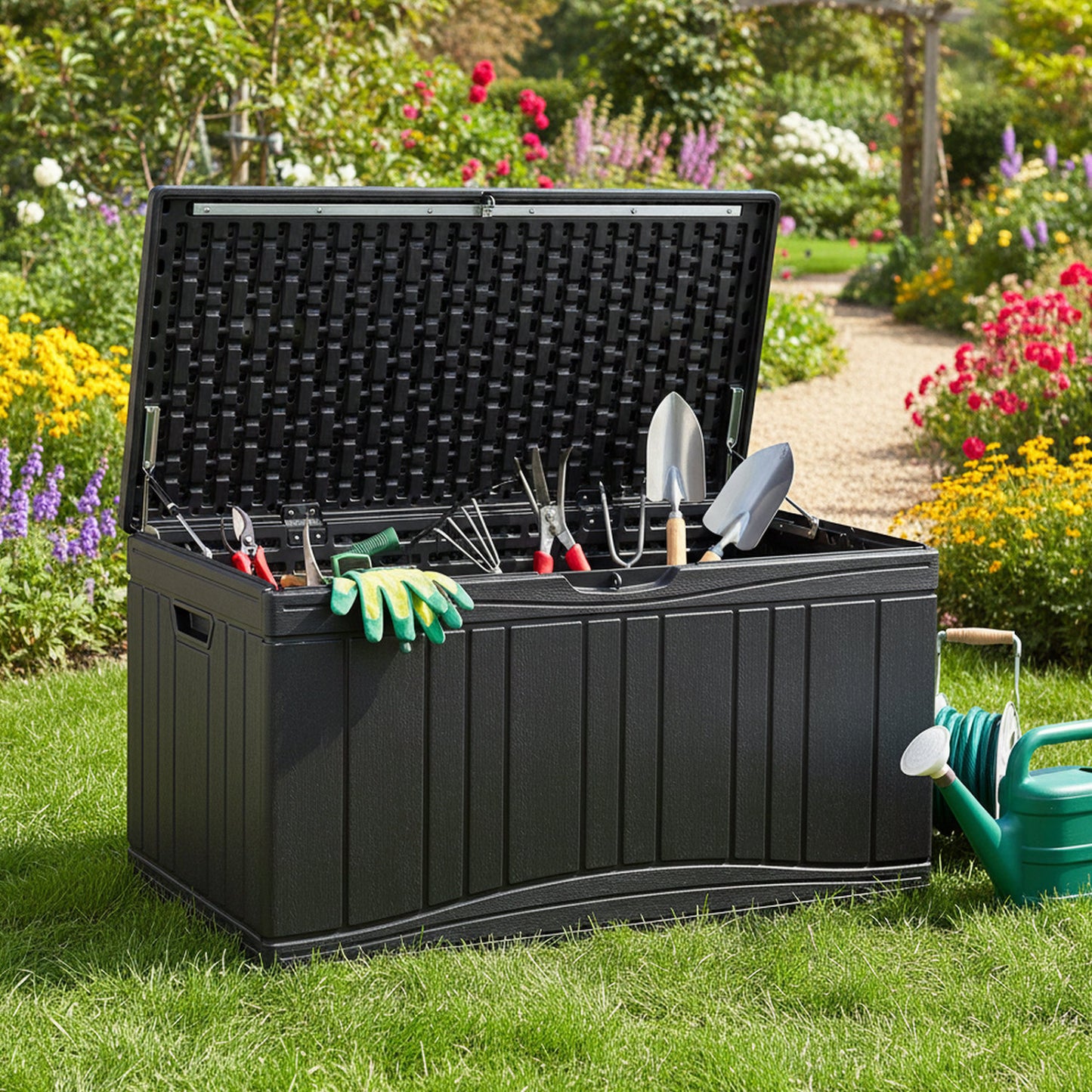 300 L Outdoor Deck Box with Lockable Lid for Garden Tools Cushions, Black