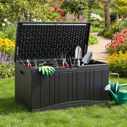 300 L Outdoor Deck Box with Lockable Lid for Garden Tools Cushions, Black