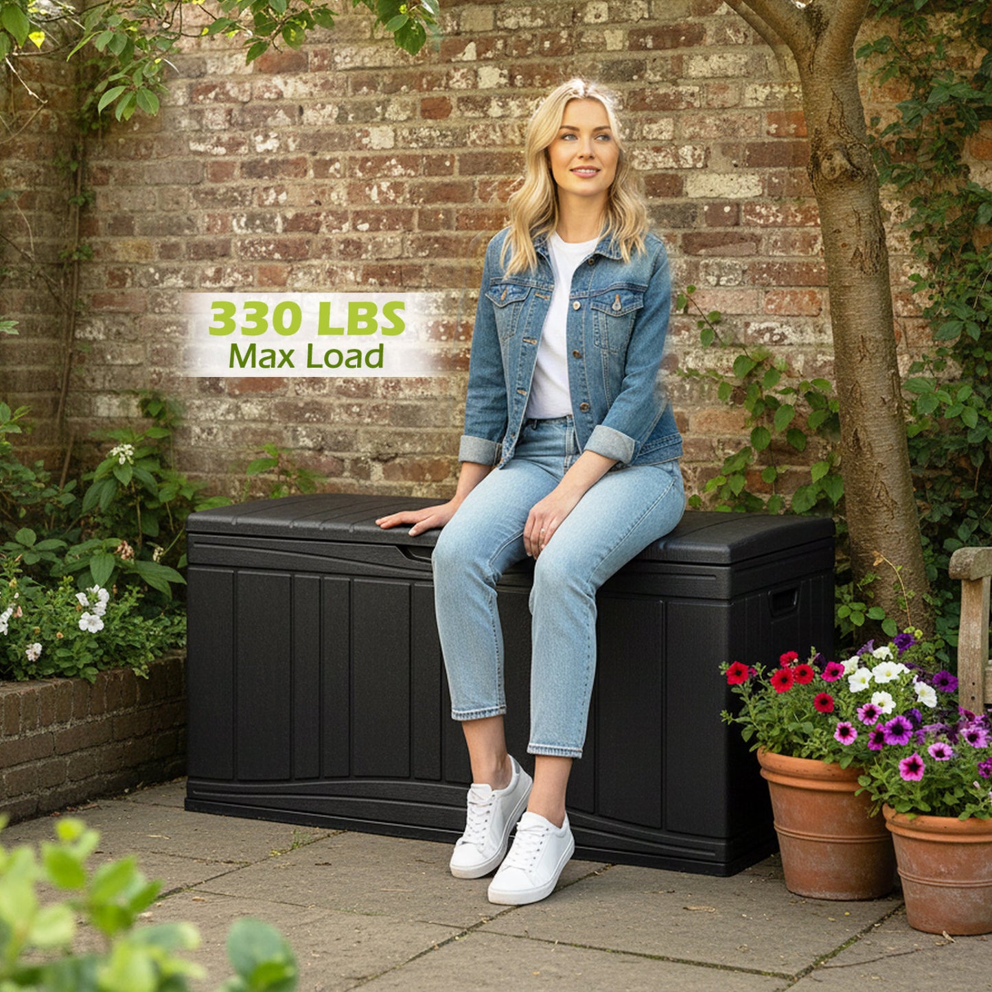 300 L Outdoor Deck Box with Lockable Lid for Garden Tools Cushions, Black