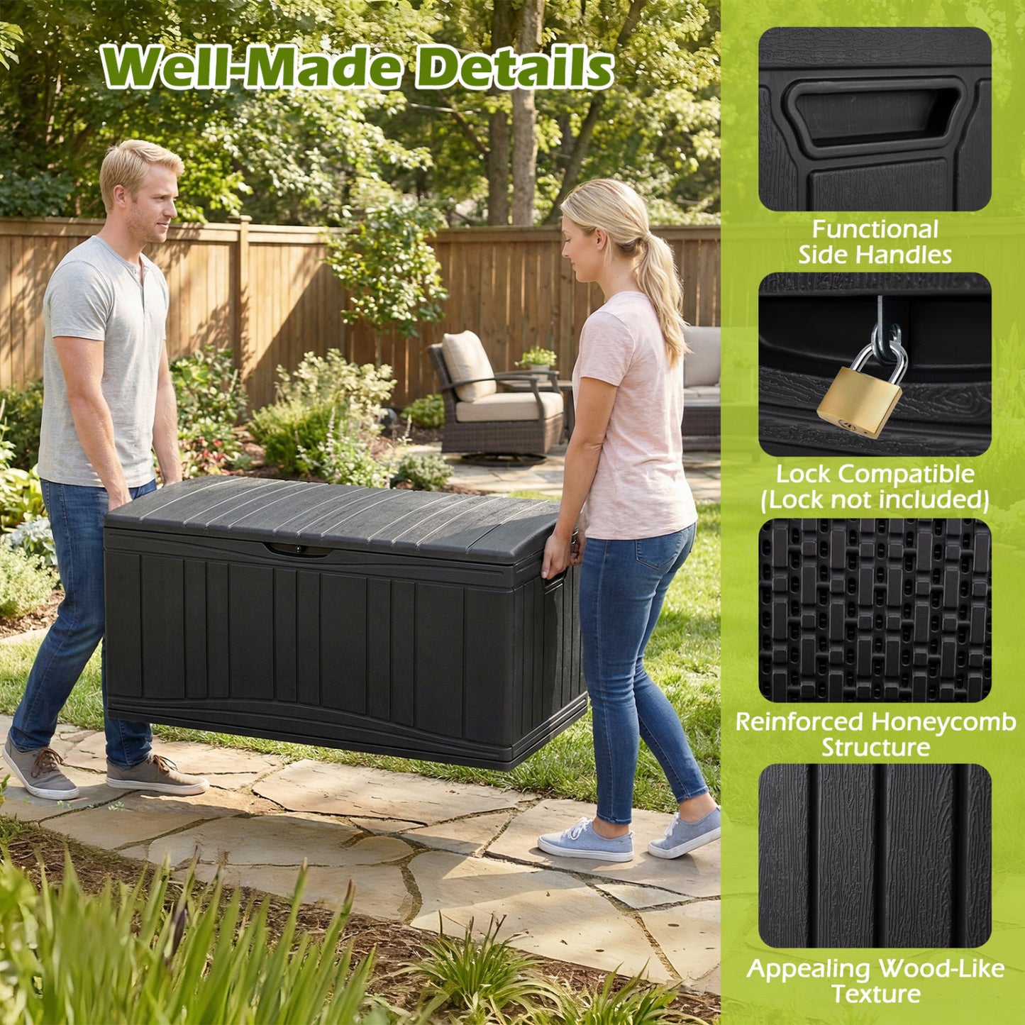 300 L Outdoor Deck Box with Lockable Lid for Garden Tools Cushions, Black