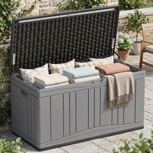 80 Gallon Outdoor Deck Box, Lockable Lid, Garden Storage, Gray