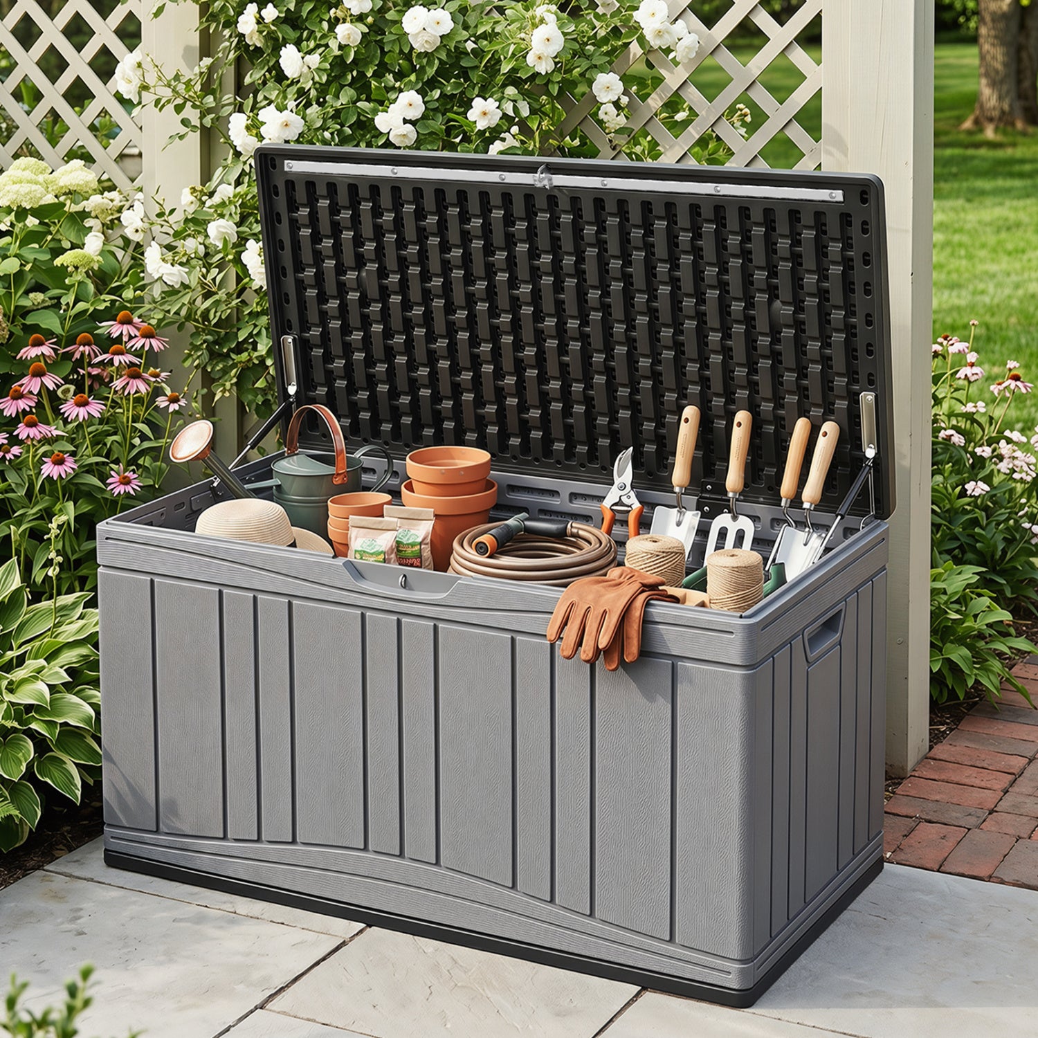 80 Gallon Outdoor Deck Box, Lockable Lid, Garden Storage, Gray Sheds & Outdoor Storage at Gallery Canada