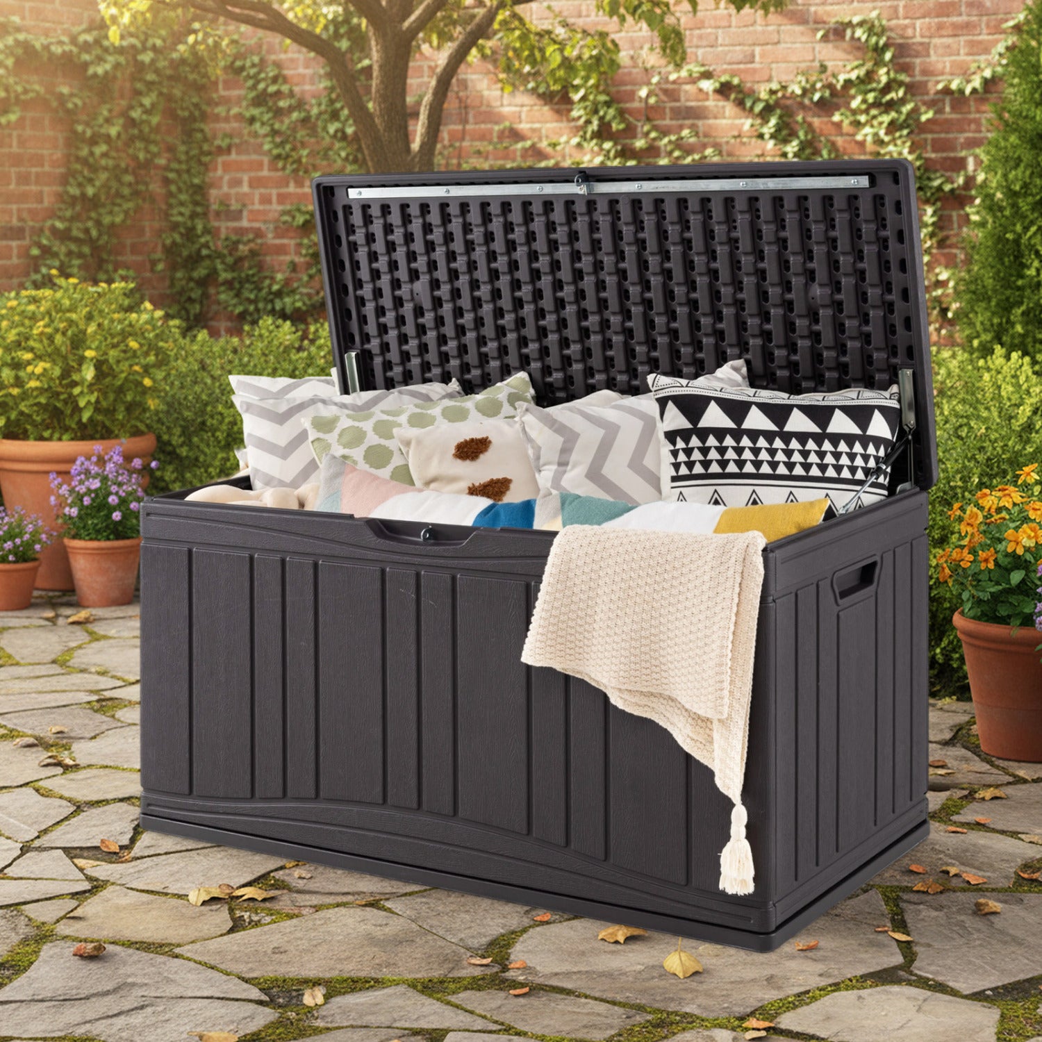 80 Gallon Outdoor Deck Box, Lockable Lid, Brown Sheds & Outdoor Storage at Gallery Canada