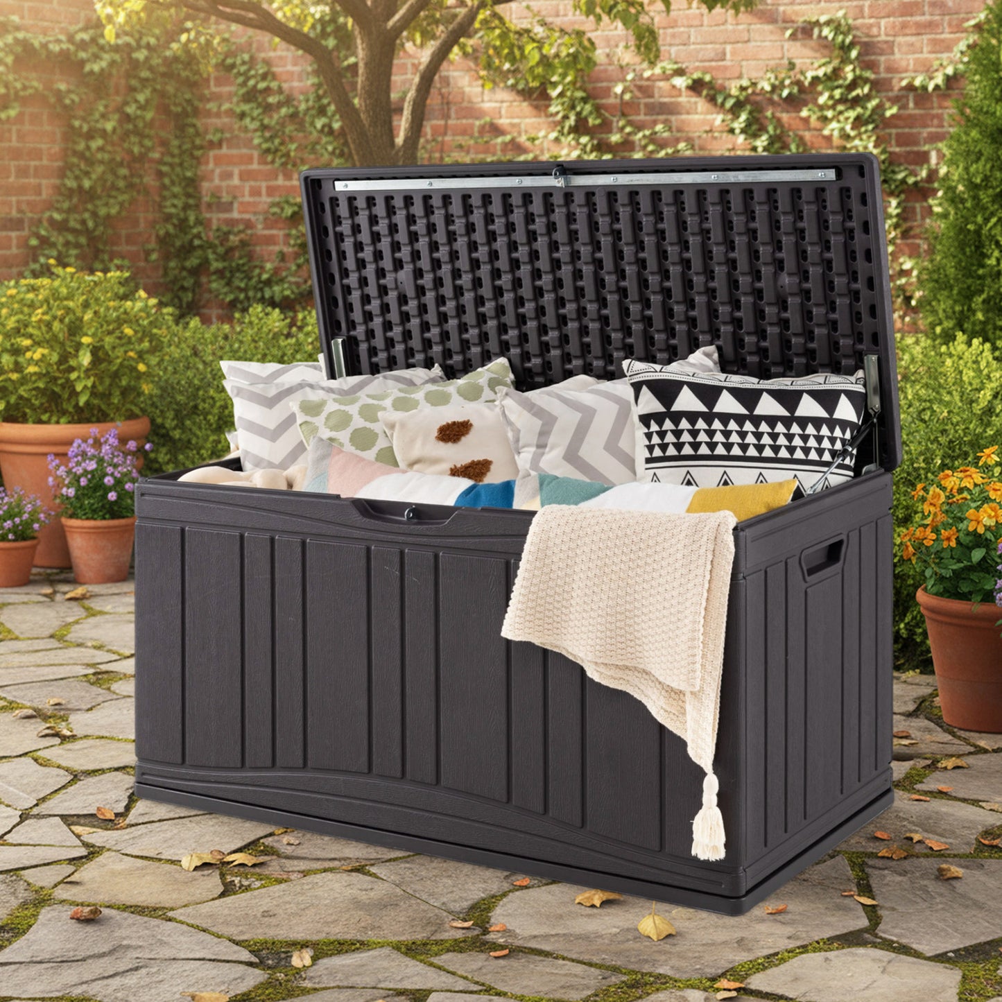 80 Gallon Outdoor Deck Box, Lockable Lid, Brown Sheds & Outdoor Storage at Gallery Canada
