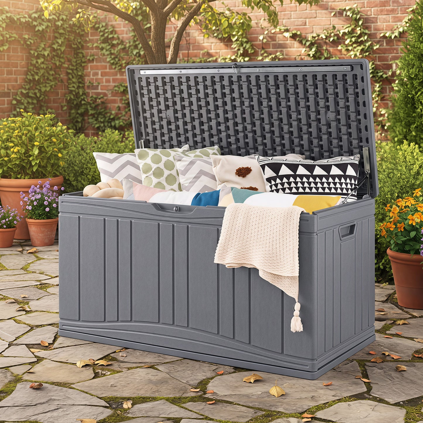 Coffre de terrasse extérieur 300 L, couvercle verrouillable, gris