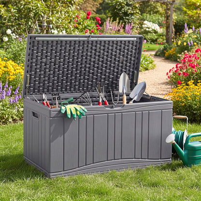 Coffre de terrasse extérieur 300 L, couvercle verrouillable, gris