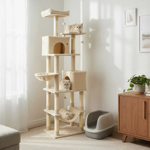 80 Inches Tall Cat Tree with 2 Large Condos and Dangling Toys, Beige