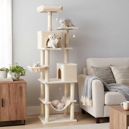 80 Inches Tall Cat Tree with 2 Large Condos and Dangling Toys, Beige Cat Trees Condos & Scratchers at Gallery Canada