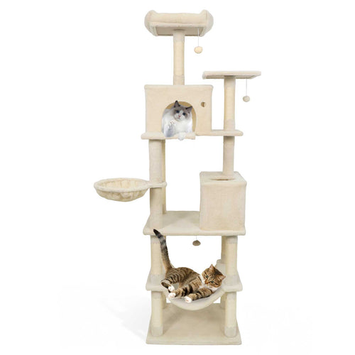 80 Inches Tall Cat Tree with 2 Large Condos and Dangling Toys, Beige