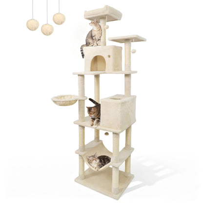 80 Inches Tall Cat Tree with 2 Large Condos and Dangling Toys, Beige Cat Trees Condos & Scratchers at Gallery Canada