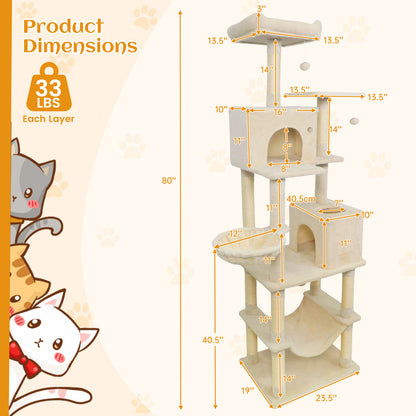 80 Inches Tall Cat Tree with 2 Large Condos and Dangling Toys, Beige Cat Trees Condos & Scratchers at Gallery Canada
