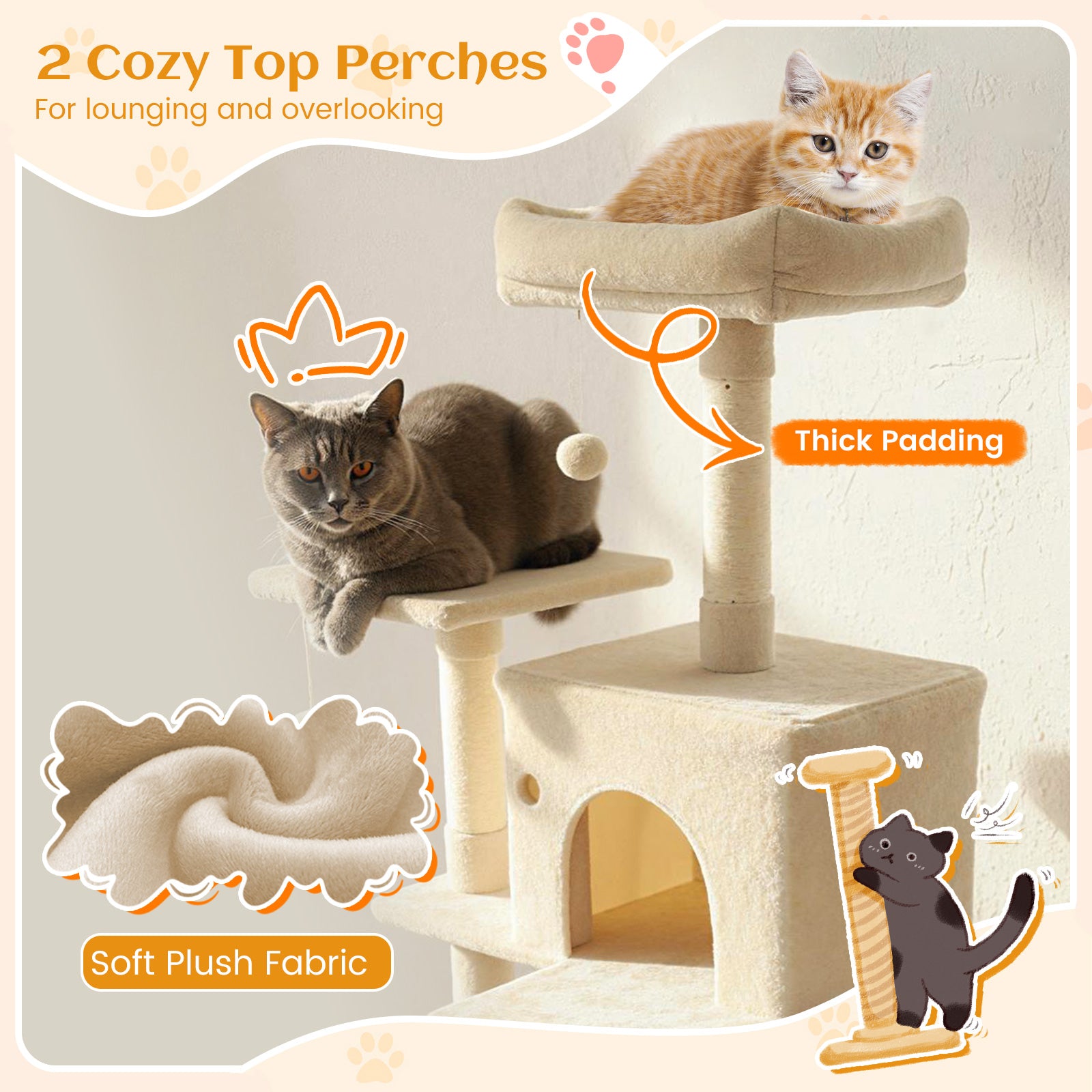 80 Inches Tall Cat Tree with 2 Large Condos and Dangling Toys, Beige Cat Trees Condos & Scratchers at Gallery Canada