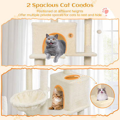 80 Inches Tall Cat Tree with 2 Large Condos and Dangling Toys, Beige Cat Trees Condos & Scratchers at Gallery Canada
