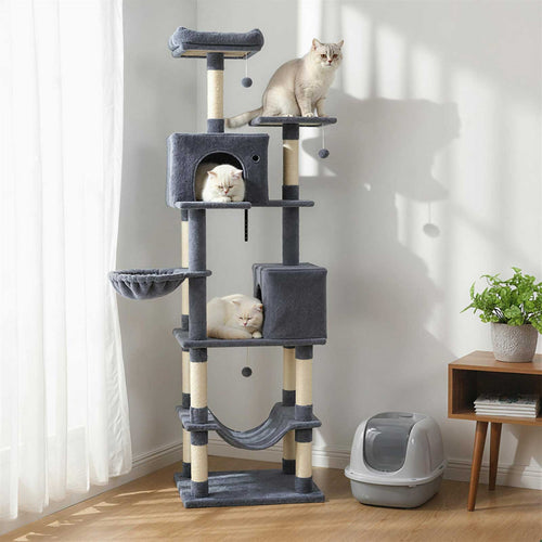 80 Inches Tall Cat Tree with 2 Large Condos and Dangling Toys, Dark Gray