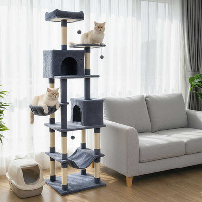 80 Inches Tall Cat Tree with 2 Large Condos and Dangling Toys, Dark Gray Cat Trees Condos & Scratchers at Gallery Canada