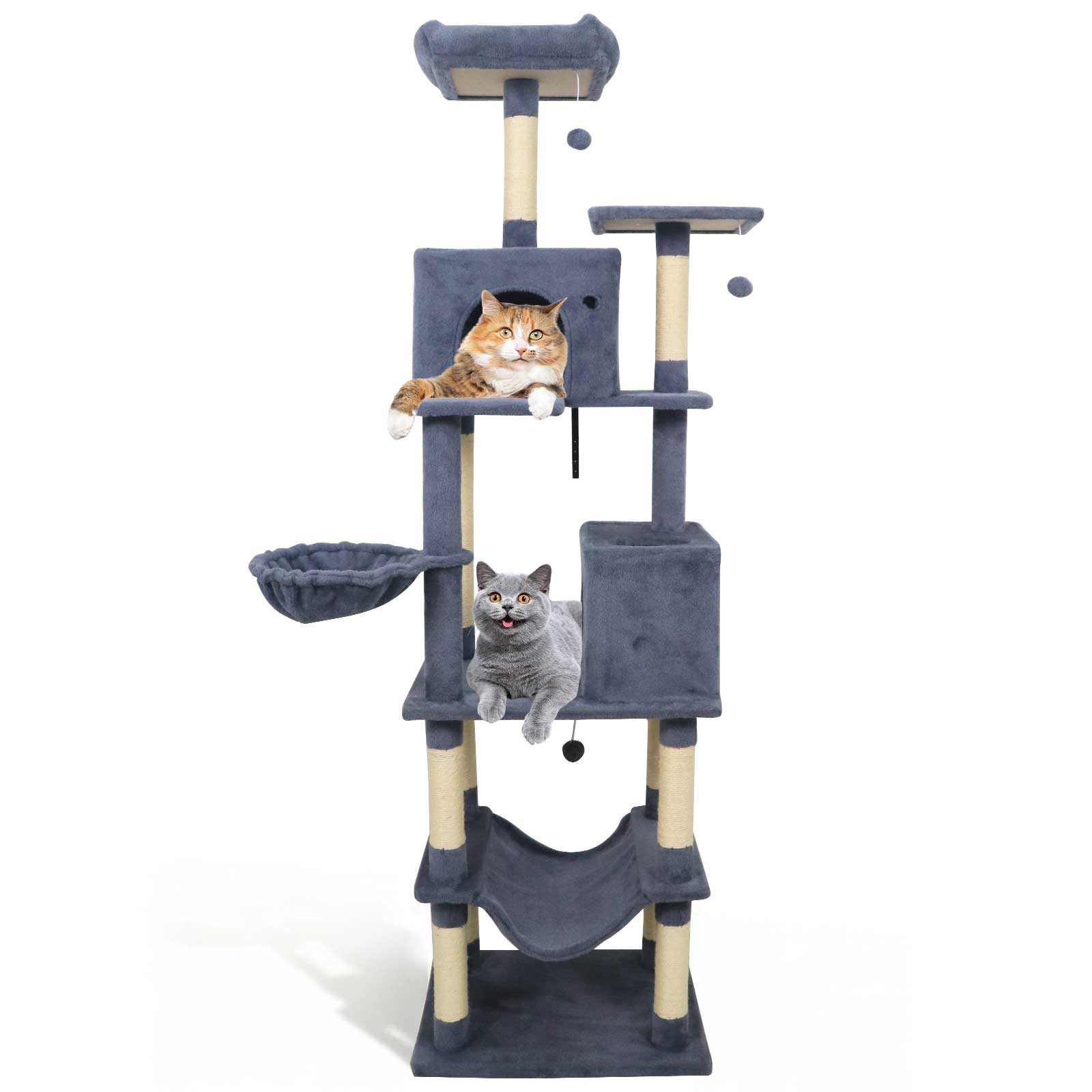 80 Inches Tall Cat Tree with 2 Large Condos and Dangling Toys, Dark Gray Cat Trees Condos & Scratchers at Gallery Canada