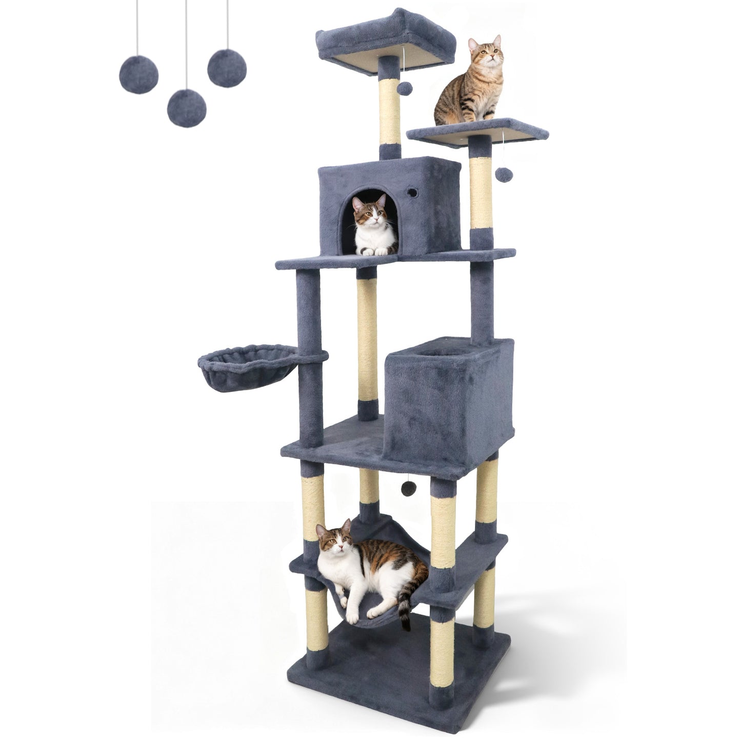 80 Inches Tall Cat Tree with 2 Large Condos and Dangling Toys, Dark Gray Cat Trees Condos & Scratchers at Gallery Canada