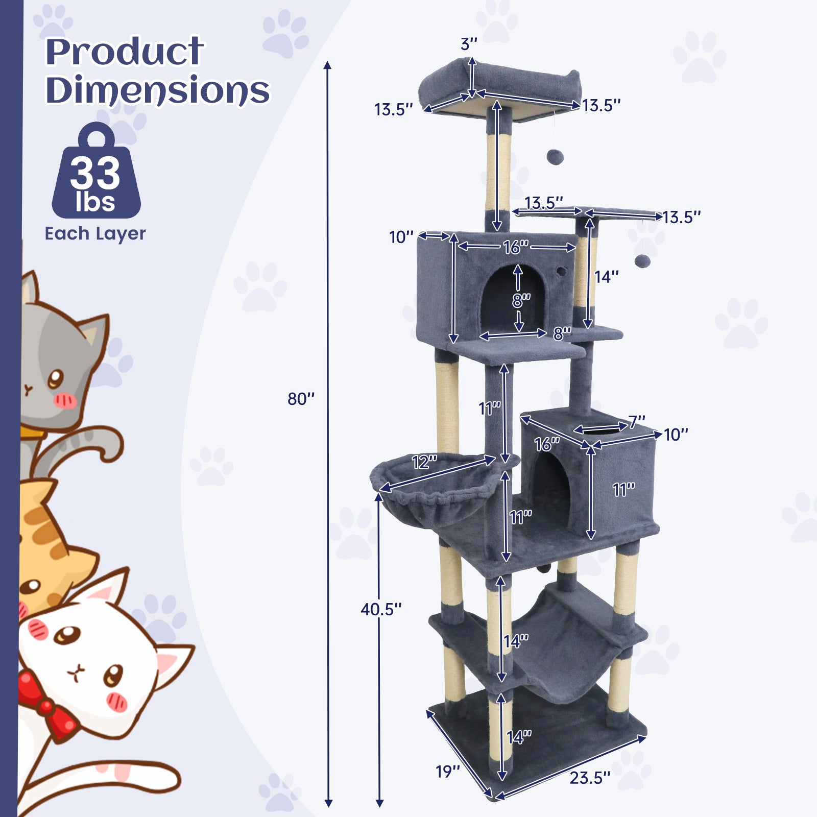 80 Inches Tall Cat Tree with 2 Large Condos and Dangling Toys, Dark Gray Cat Trees Condos & Scratchers at Gallery Canada