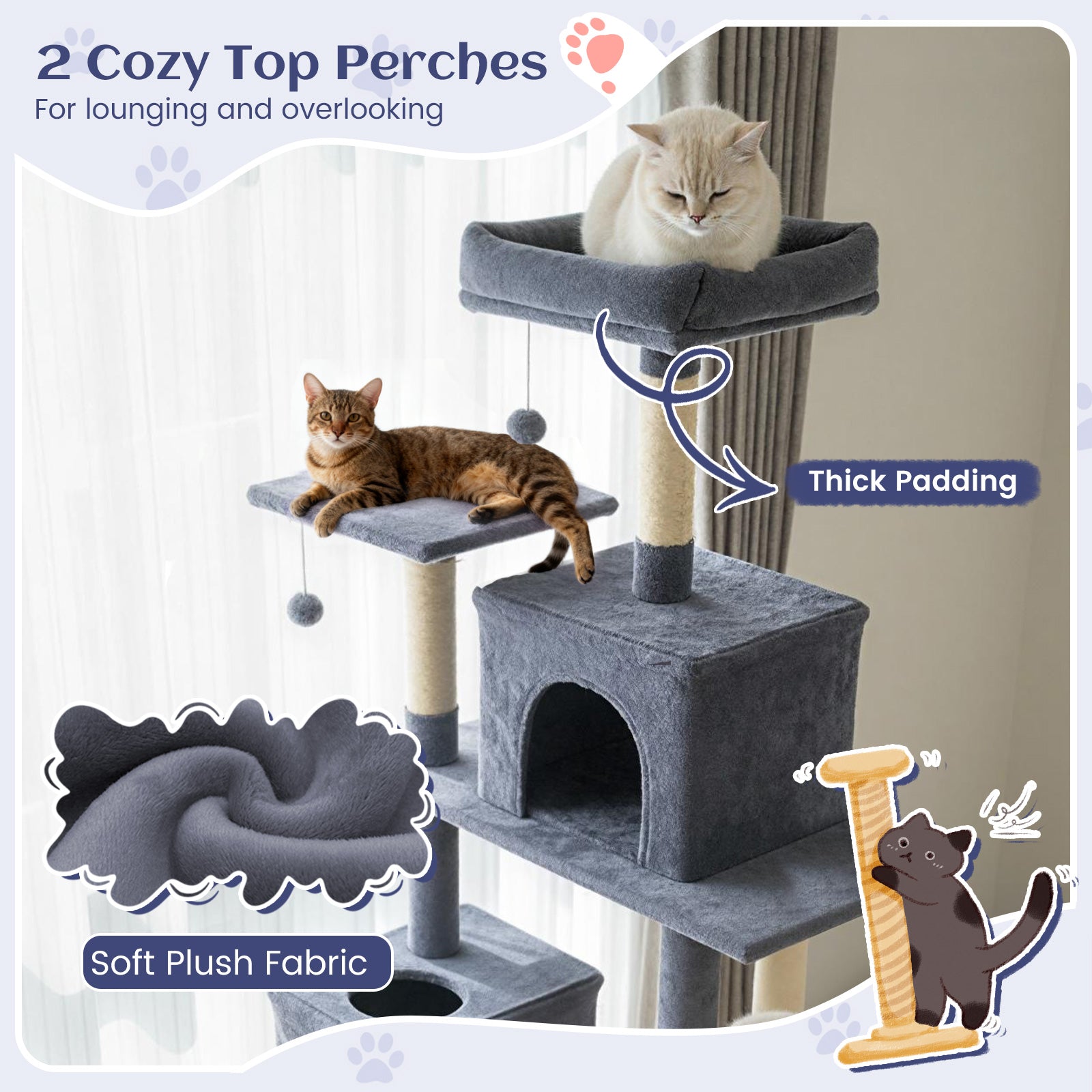 80 Inches Tall Cat Tree with 2 Large Condos and Dangling Toys, Dark Gray Cat Trees Condos & Scratchers at Gallery Canada