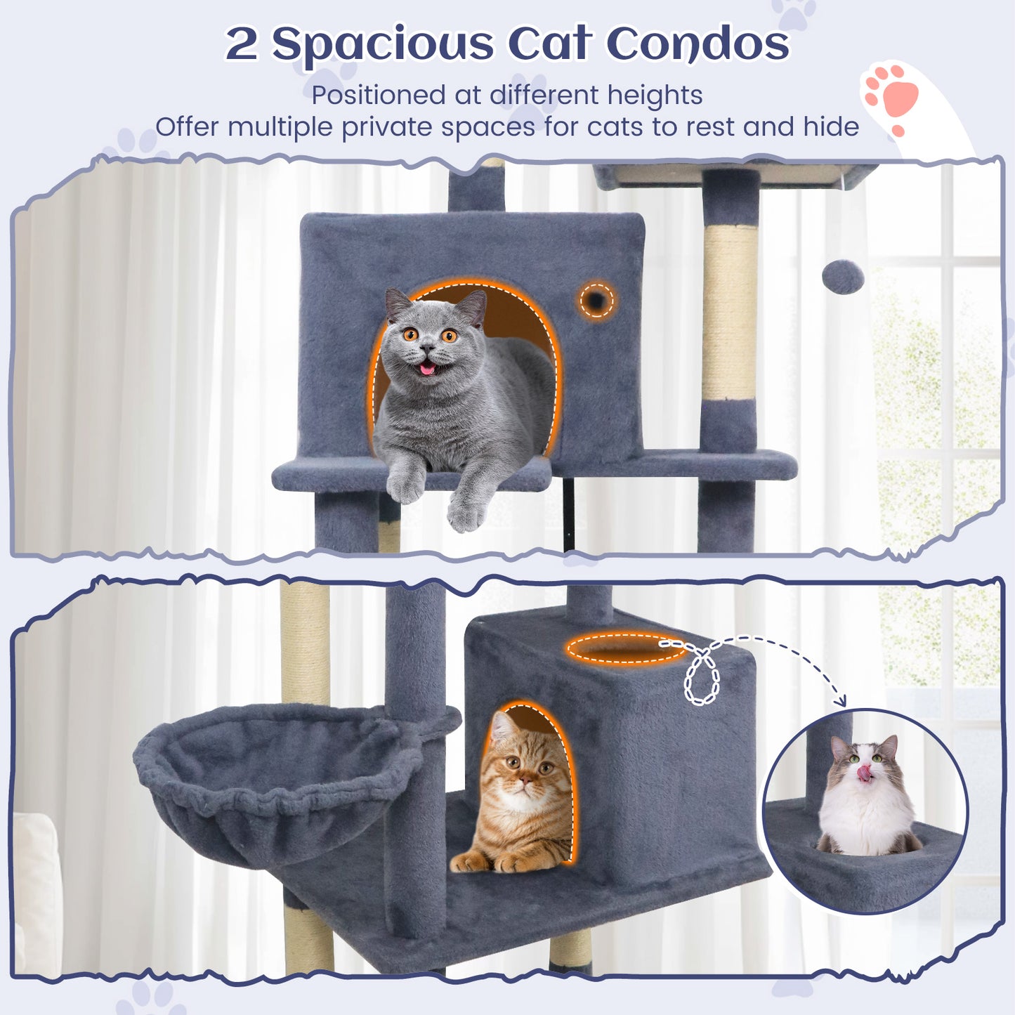 80 Inches Tall Cat Tree with 2 Large Condos and Dangling Toys, Dark Gray Cat Trees Condos & Scratchers at Gallery Canada