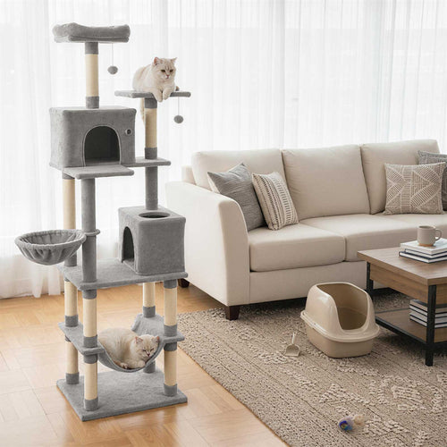 80 Inches Tall Cat Tree with 2 Large Condos and Dangling Toys, Light Gray