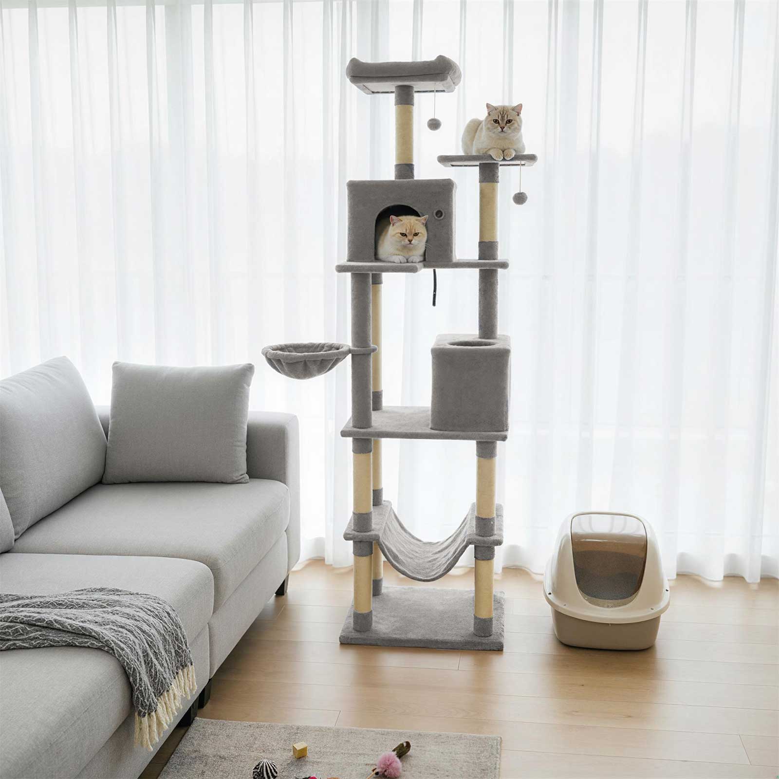 80 Inches Tall Cat Tree with 2 Large Condos and Dangling Toys, Light Gray Cat Trees Condos & Scratchers at Gallery Canada