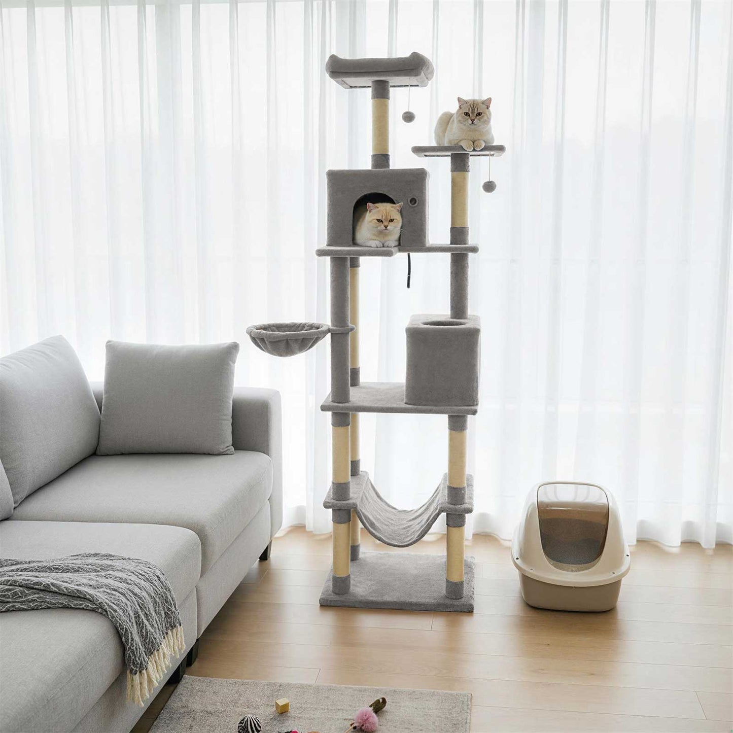 80 Inches Tall Cat Tree with 2 Large Condos and Dangling Toys, Light Gray Cat Trees Condos & Scratchers at Gallery Canada